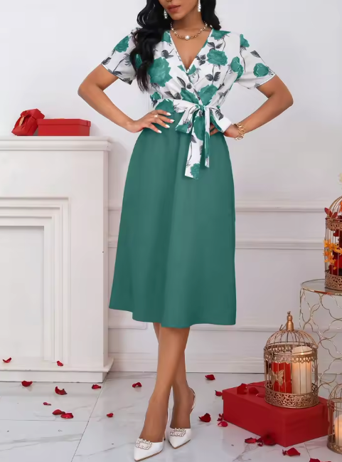 Women's Floral Print V-Neck Tie Waist Midi Dress