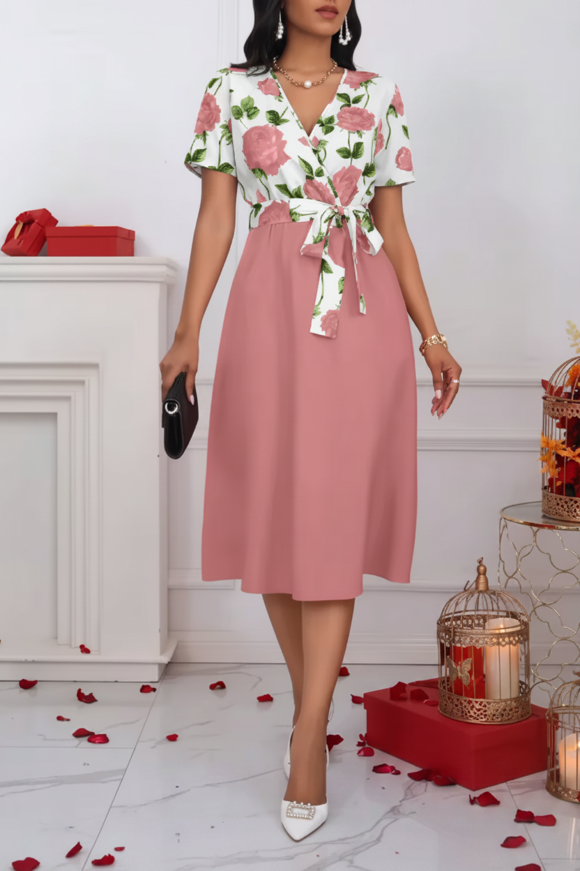 Women's Floral Print V-Neck Tie Waist Midi Dress