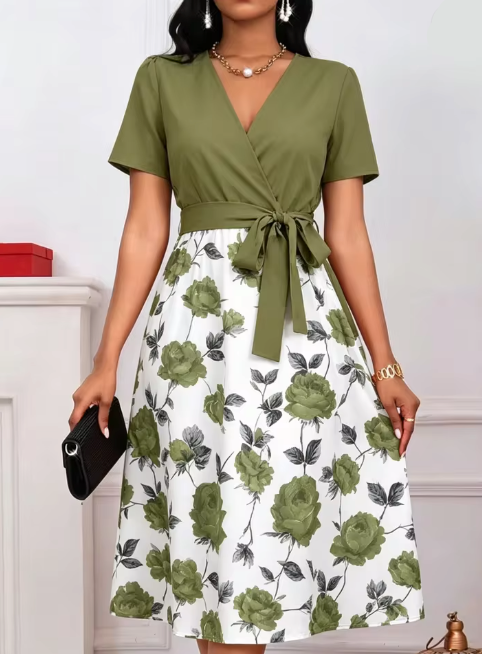 Women's Floral Print V-Neck Tie Waist Midi Dress