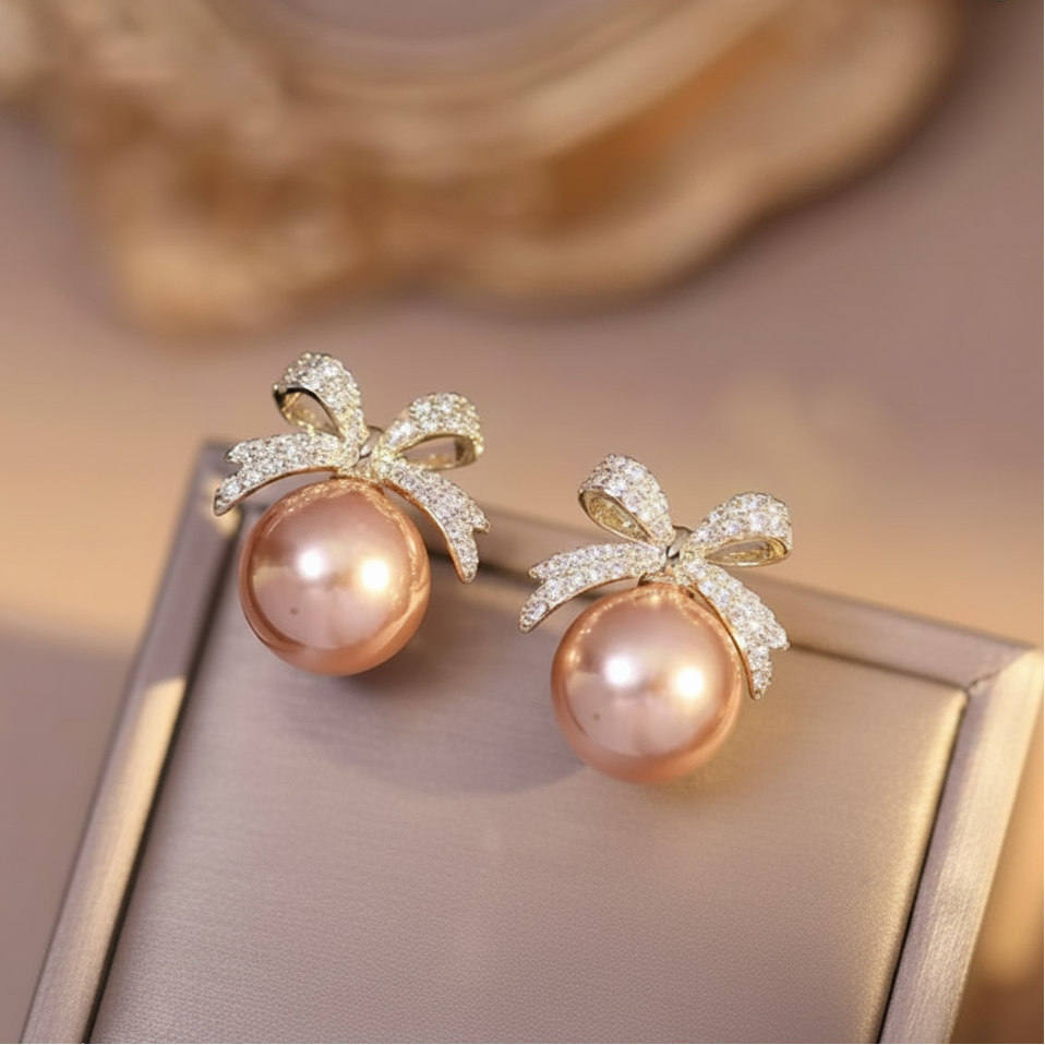 Luxury Rhinestone Bow Pearl Earrings
